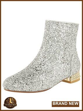 Women Sequin Ankle Boots Low Heel Sparkly Glitter Booties